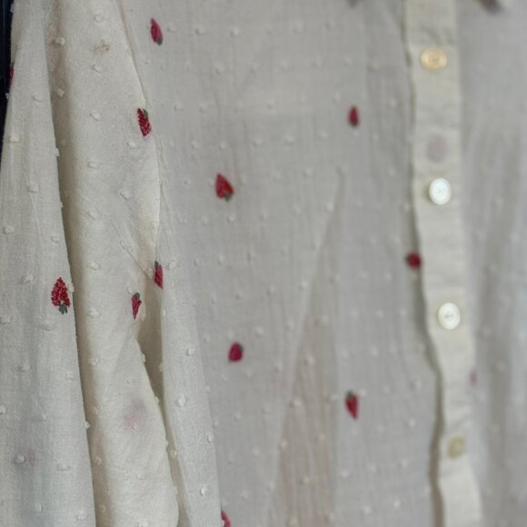 LOFT White Swiss Dot Strawberry Embroidered Button Up Shirt XS - Picture 5 of 7